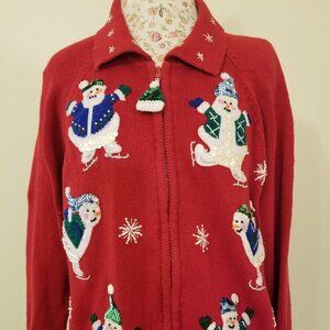 Tiara International Sweater Womens Red Full Zip Christmas Snowmen Sequins Sz XL